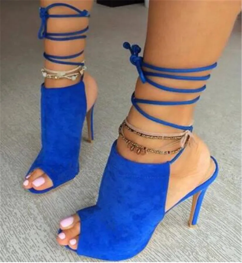 Merkontwerp vrouwen mode peep teen suède leer stiletto gladiator blauwe veter uit hoge hiel sandalen