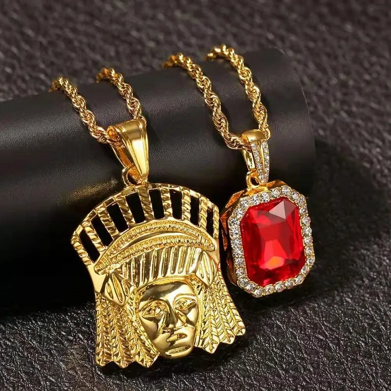 Iced Out Indian Chief Red Gem Anhänger Halskette Schmuckset Herren Luxus Designer Herren Edelstein Bling Diamant Anhänger 24 30 Zoll 3m260C