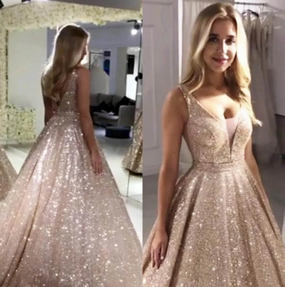 kostenloser Versand Champagner Wunderschönes Abendkleid mit Pailletten in Roségold und V-Ausschnitt, glitzernde Pailletten, A-Linie, rückenfrei, Abschlussball-Partykleid, Robe De Soiree