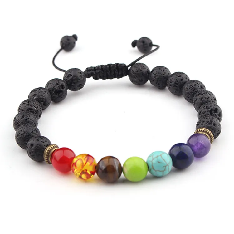 Charmes 7 Chakra Bracelets Bracelet En Pierre De Lave Naturelle Réglable 8mm Énergie Yoga Perles De Guérison Bijoux De Mode Cadeau DHL Gratuit