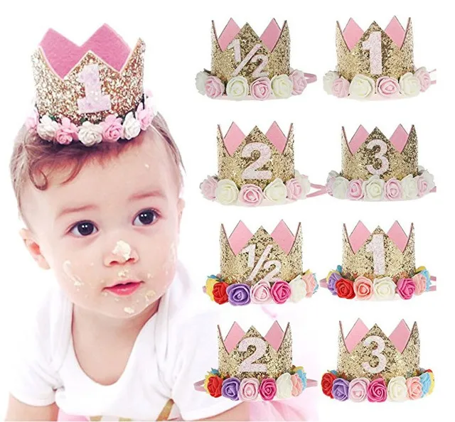 Couronne de diadème de princesse pour bébé, chapeau de premier anniversaire pour bébés filles/enfants style fleur dorée scintillante avec fleur de rose artificielle