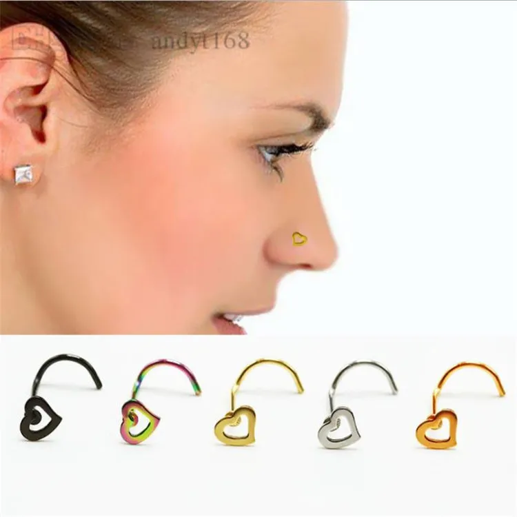 Fashion Heart-shaped Crooked hook nose nail stainless steel hollow peach heart nose ring body puncture Ornaments T9C0088