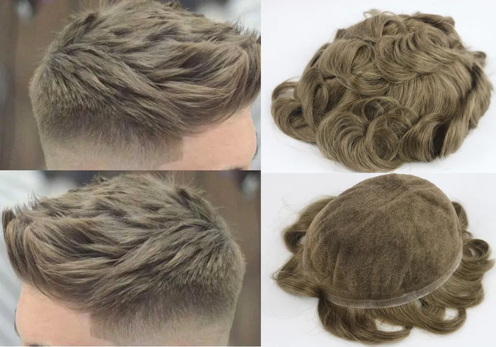 Açık kahverengi # 18 renk peruk erkekler için tam İsviçre dantel saç parçaları Brezilyalı bakire insanın değiştirme