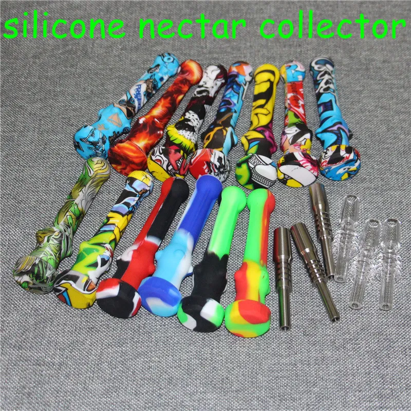 Hookahs 14mm Silicone Nectar with Titanium Quartz Tips Concentrate nector mini silicon tobacco pipes for oil rig glass bong