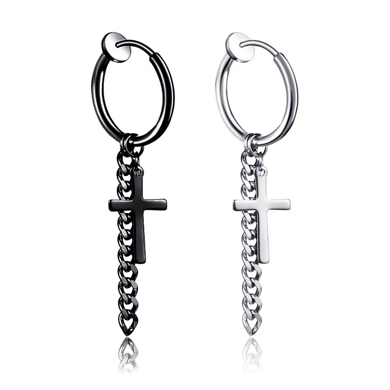 Wholesale- Männer Frauen Luxus-Ohrringe Punk Titan-Kreuz-lange Kette Troddelohrring durchbohrt / No Ohrringe Piercing Straße Ohrschmuck Pop