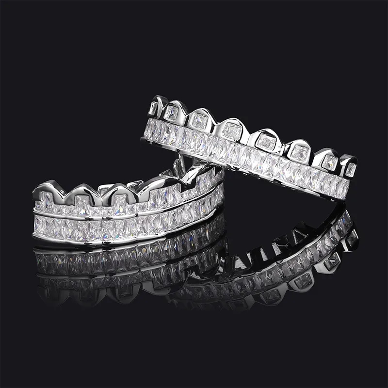 New Baguette Set Teeth Grillz Top & Bottom Silver Color Grills Dental Mouth Hip Hop Fashion Jewelry Rapper Jewelry