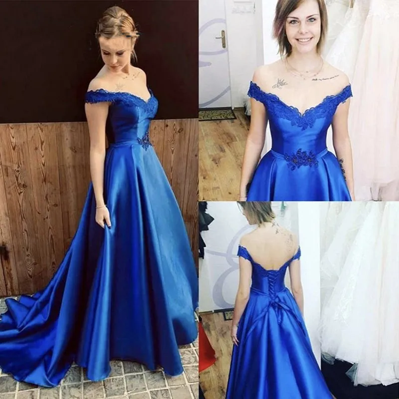 Royal Blue Avondjurken Lange Shoulder Kant Applicaties Corset Back Formele Prom Party Jurken Robe de Soiree Goedkoop