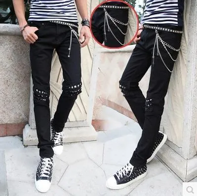 Street Hole Ripped Jeans Men Fashion 2020 Chains Slim Denim Pencil Pants  Personality Rivets Punk Black White Zipper Trousers From Beatricl, $69.83