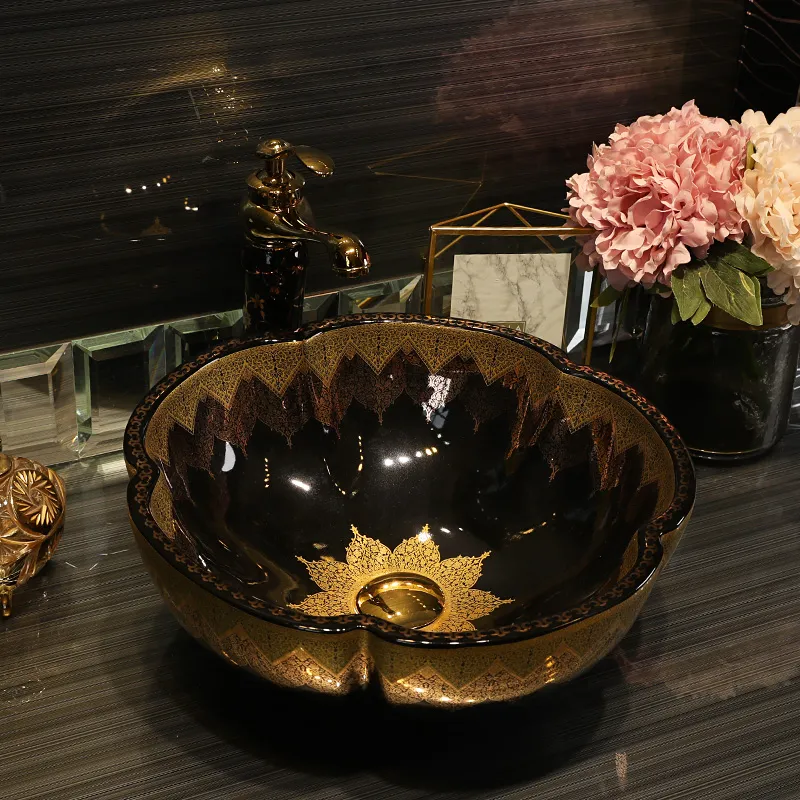 Blomma form porslin konstnärligt porslin handgjorda porslin lavabo badrum fartyg sänker keramiska handfat diskbassäng svart