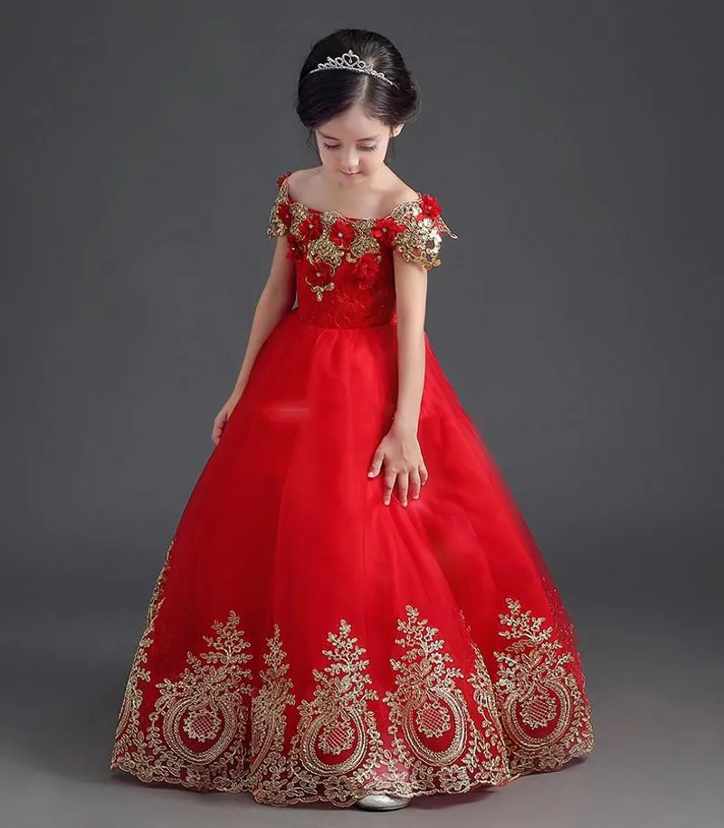 Eleganti ragazze di fiori di principessa rossa vestiti da spalla Applique Abiti da ballo Abito da ballo Abiti per adolescenti ragazze per bambini Flo2794