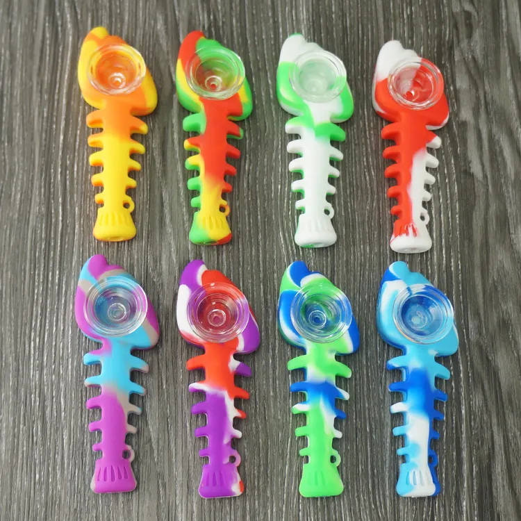 New Arrival 4.2inches fishbone Silicone Spoon Shape Smoking Pipe Tobacco Hand Pipe with glass bowl Bubbler Dab Water Pipes Smoke Accessories