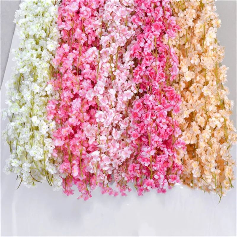 1.8m Artificial Cherry Flower Vine Silk Sakura Cherry Blossom Vine Wedding Arch Decoration Cherry Rattan Party Wall Hanging Decoration