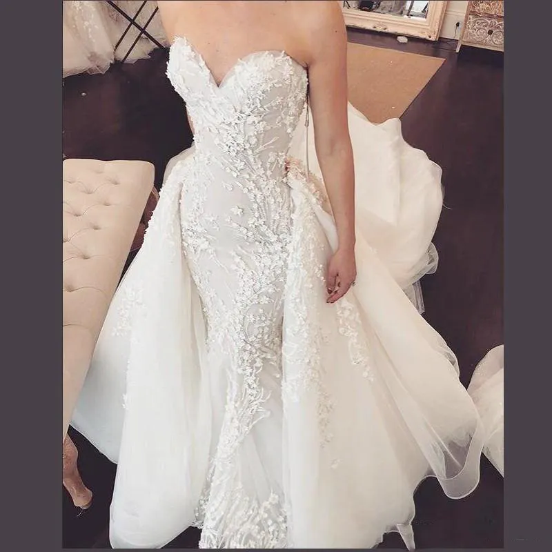 Robes de mariée vintage chérie dentelle appliques robe de mariée sirène overskirts style tulle balayage train robes de mariée pas cher 2019