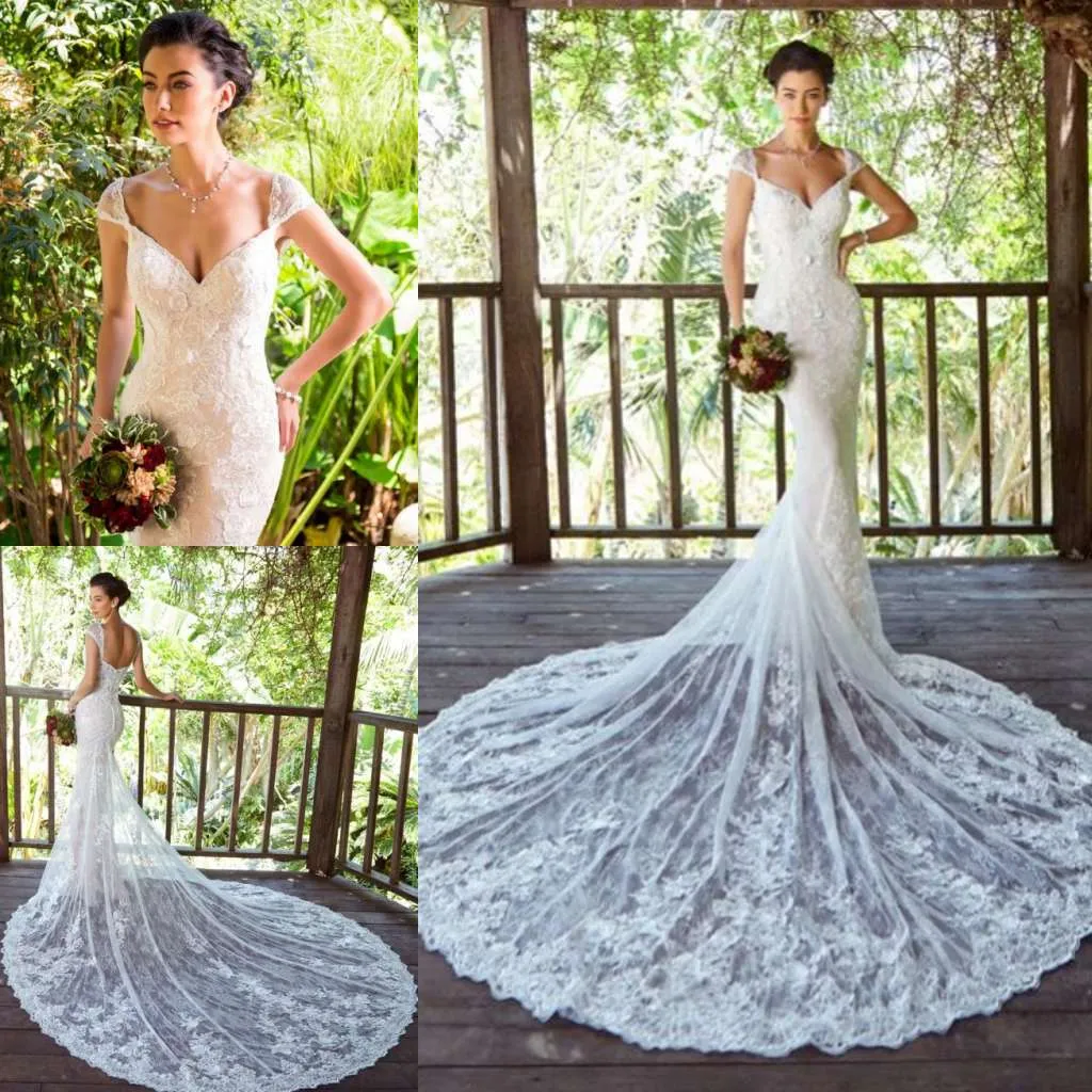 Kitty Chen 2019 Bröllopsklänningar Full Lace V Neck Capped Short Sleeve Mermaid Bridal Gowns Sexig Backless Plus Storlek Trädgårdsbröllopsklänning