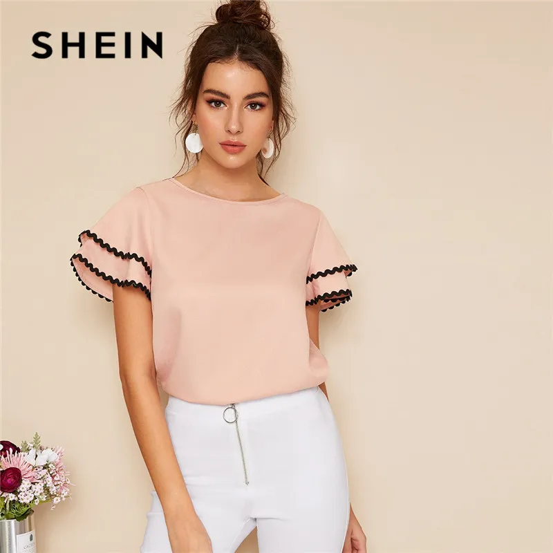 Blusas Femininas Camisas Shein Rosa Contraste Onda Laço Guarnição Camadas  Plissado Manga Mulheres Blusa Top Verão Sólido Casual Casual Pescoço Curto  Curto De $123,41