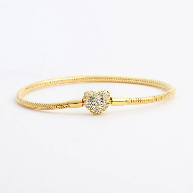 Braccialetti a forma di cuore con diamanti CZ placcati in oro giallo 18 carati Cofanetto originale per bracciale Pandora in argento 925 con catena a forma di serpente per gioielli da sposa da donna