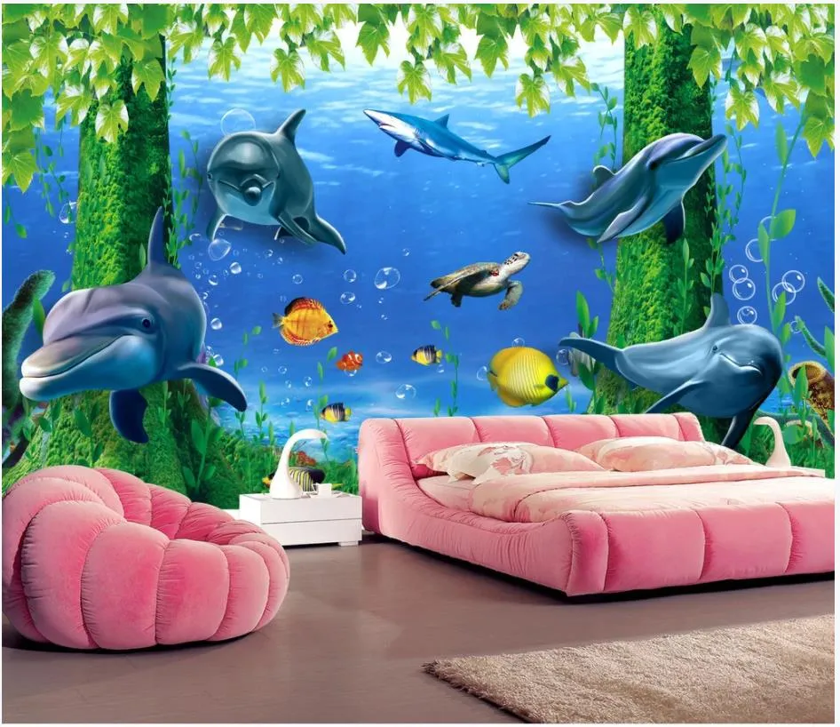 Beställnings- foto bakgrundsbilder för väggar 3D-väggmålningar Wallpapers Fantasy Undersea Wonderland 3D Dolphin väggmålning TV Bakgrund Väggpapper målning