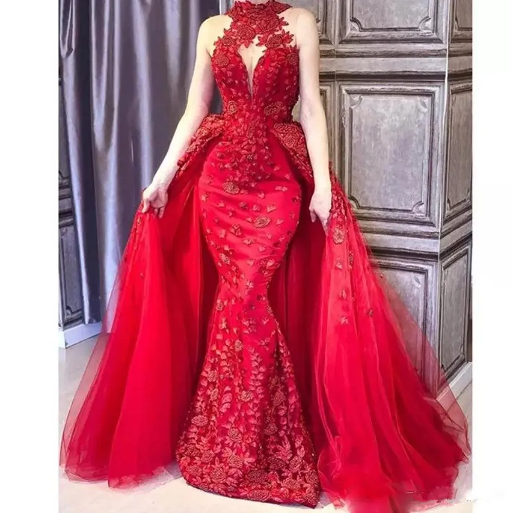 2019 GOrgeous Red Detachable Train Prom Dresses High Neck Lace Appliques Beaded Red Carpet Dress Abric DuBai Evening Celebrity Party Gown From SG 199.14 DHgate
