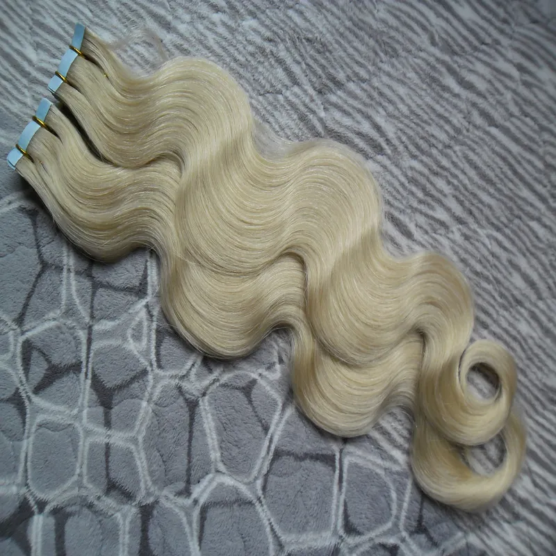 Body Wave Tape In Human Hair Extensions 40 st Virgin Brasilian Wave Hair Pu Skin Väftband på / In Remy Hair Extensions # 60 Platinum Blondin