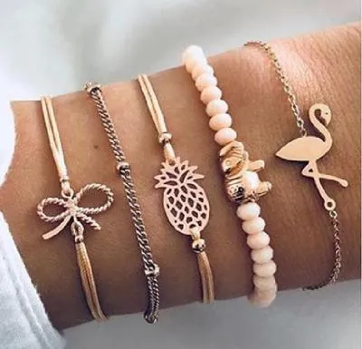 5 pcs / lot charm armband kristall pärlstav båge knut guld färg länk kedja armband bangles för kvinnor boho smycken