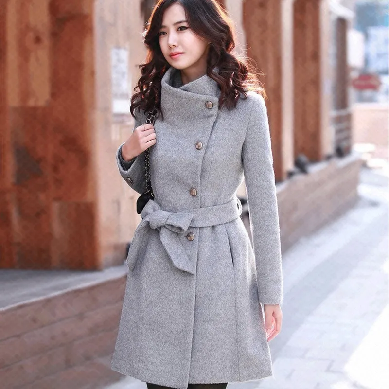 Elegancki Vintage Wool Długi Płaszcz Zimowy Kobiety Casual Slim Pas Płaszcze Wełniane Kobiety Odzieżowa Kobieta Gruba Ciepła Femininelina Płaszcz