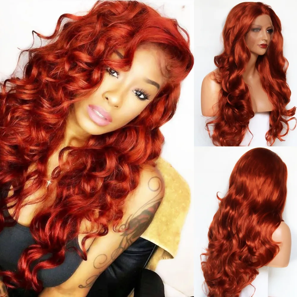 Nouveau Sexy Synthétique Avant de Lacet Perruques Cuivre Rouge Vague De Corps Cheveux Cosplay Perruques avec Bébé Cheveux Résistant À La Chaleur Sans Colle Plein Perruques pour Femmes