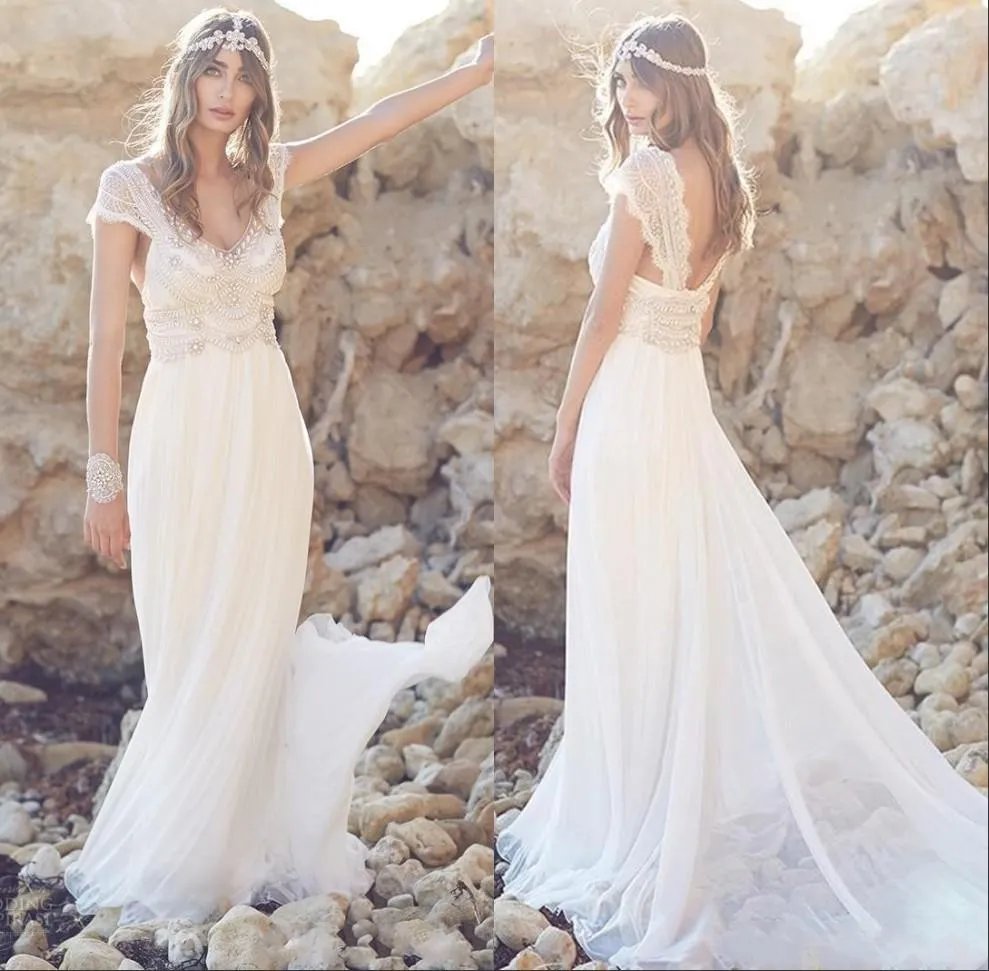 Vestido De novia De playa bohemio, vestidos De novia De gasa con cuentas De cristal, manga casquillo, Vestido De Novia De encaje marfil bohemio, Vestido De Novia