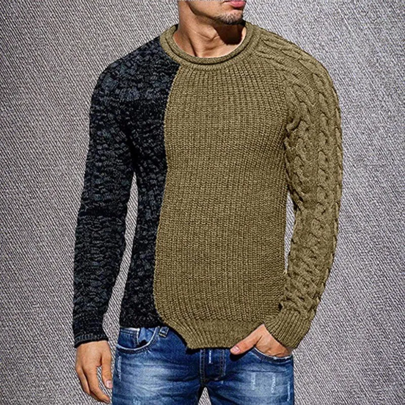 Litthing 2019 새로운 가을 겨울 남성 패션 라운드 넥 컬러 일치 긴 소매 야생 풀오버 슬림 패치 워크 스웨터