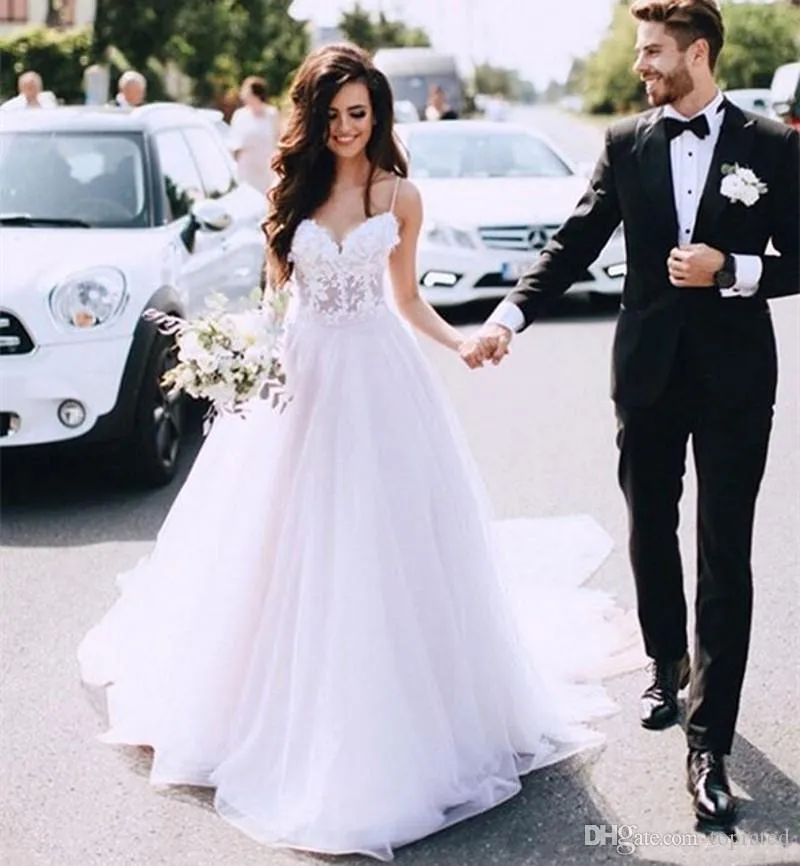 Robe De Mariee New Long Wedding Dresses Sweetheart Neck Spaghetti Strap Court Train A Line Appliques Tulle Bride Gowns From 122 33 DHgate