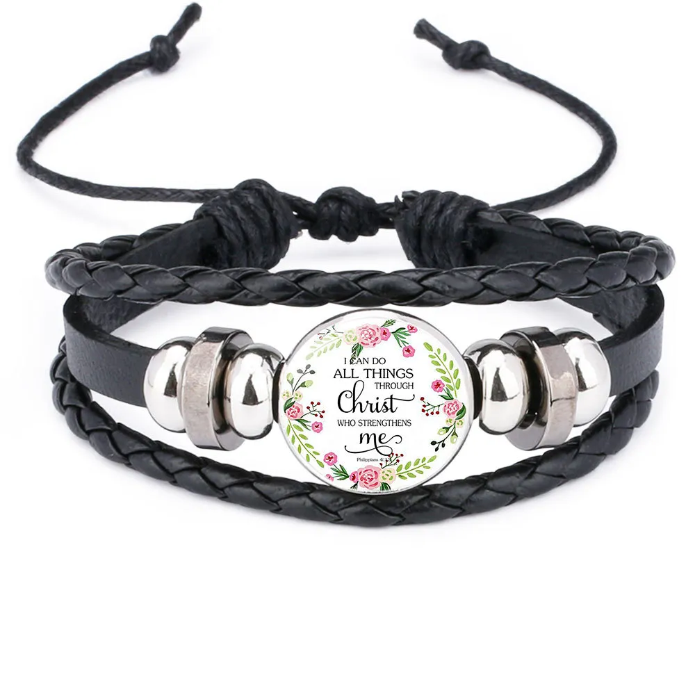 Braccialetti di cuoio di lezione della Bibbia cristiana di moda Per le donne Cristiani Scritture Vetro Tempo Gemma Cabochon fascino Braccialetto regalo di gioielli religiosi