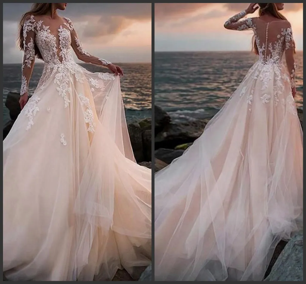 2020 nova chegada rosa tule praia verão manga longa vestidos de casamento muçulmanos rendas applique camo beading bling vestidos de noiva hochzeitskleid