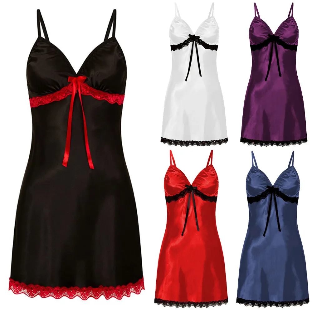 Kvinnor Sexig underkläder V Neck Sleepwear Nightgown Sex Satin Pyjama Lace Chemise Mini Teddy Halter Dresses