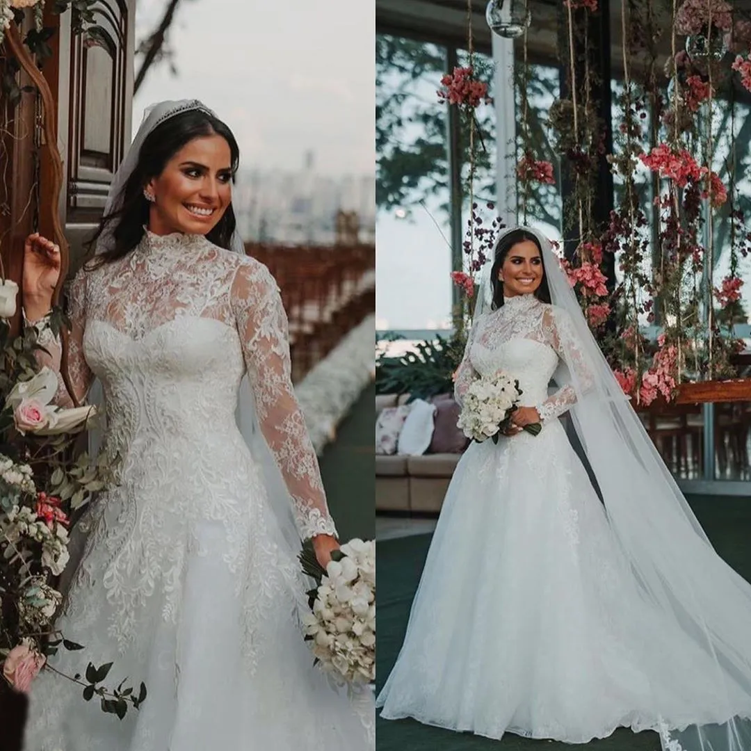 Bescheiden kant een lijn trouwjurken hoge hals lange mouwen bruidsjurken sweep trein plus size robe de mariée