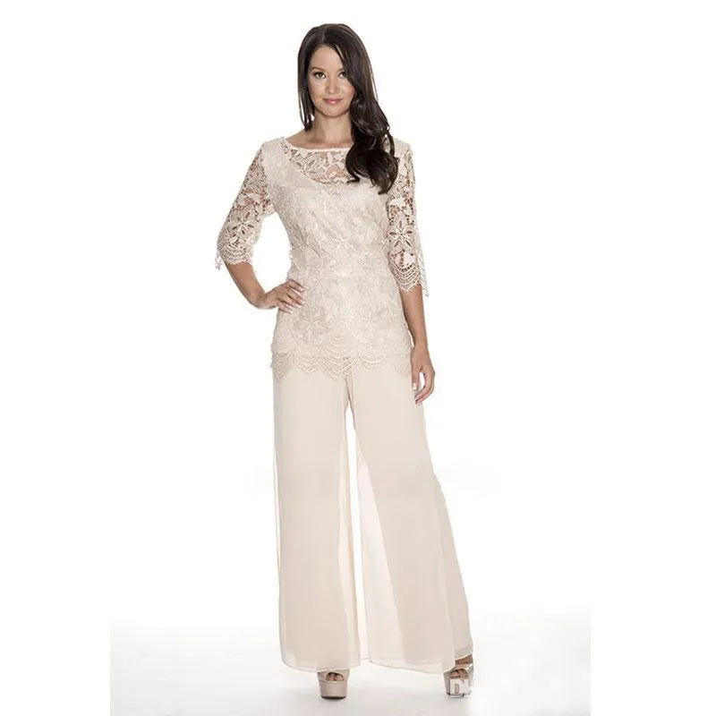 Haute Qualité Dentelle Mère De La Mariée Pantalon Costumes Sheer Bateau Cou Robe D'invité De Mariage Deux Pièces Plus La Taille En Mousseline De Soie Mères Robes De Mariée