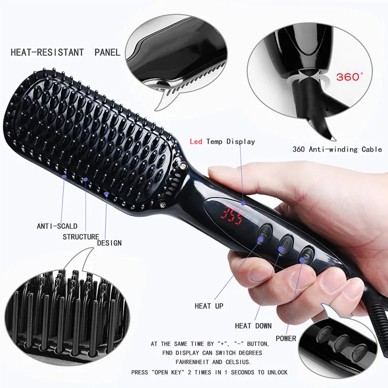 Hair Brush Fast Hair Straightener Comb Electric Brush Comb Irons Auto Straight Hair Comb Brush Tool Ionic Electric With LED Temp display DHL