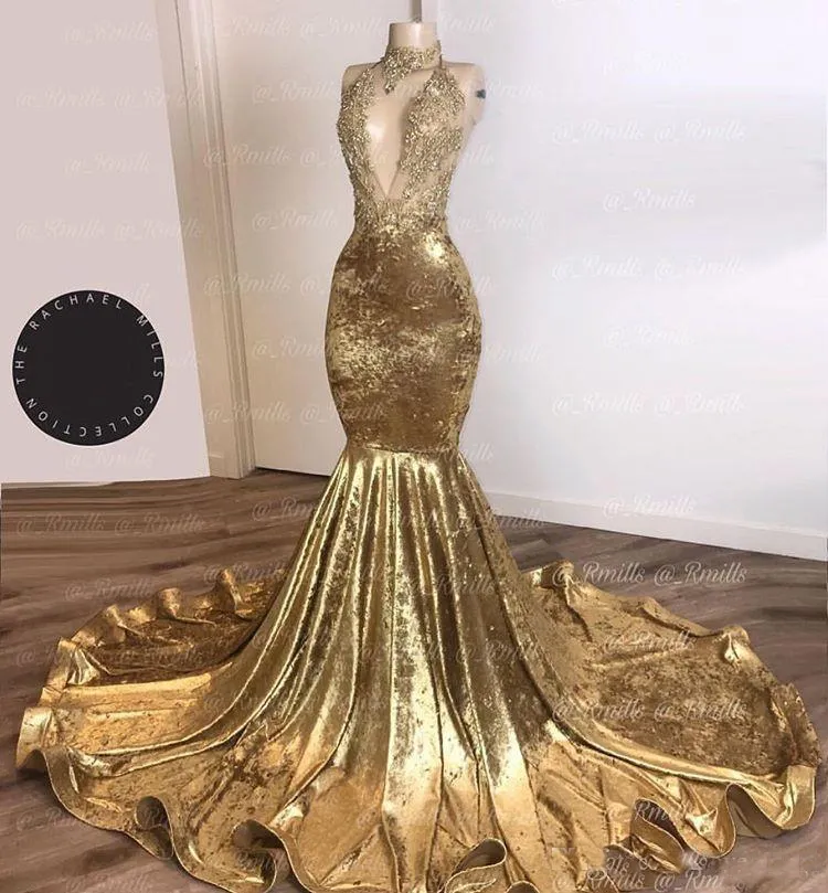 Gold Beads Mermaid Prom Dresses V Neck Sexy African Evening Dress