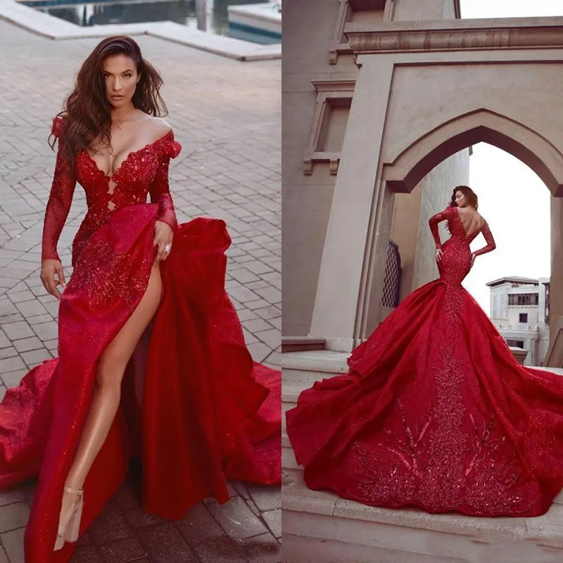 2022 Vermelho Sereia Prom Vestidos Alto Side Split Vestidos de Noite Aberto Voltar Aplicada Lace Longa Manga Formal Via