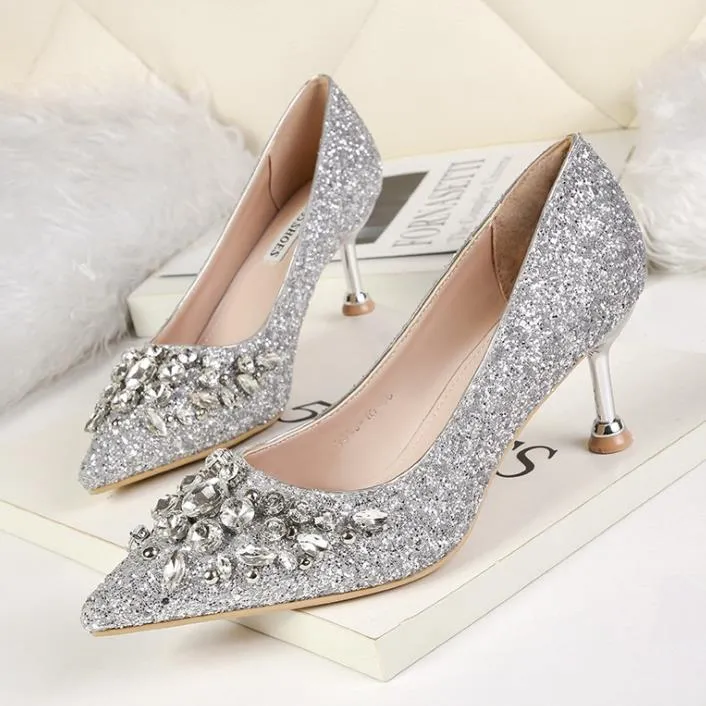 6cm Glitter crystal rhinestone silver gold pointed kitten heel pumps bridal wedding shoes luxury women prom dress shoes size 34 to 40