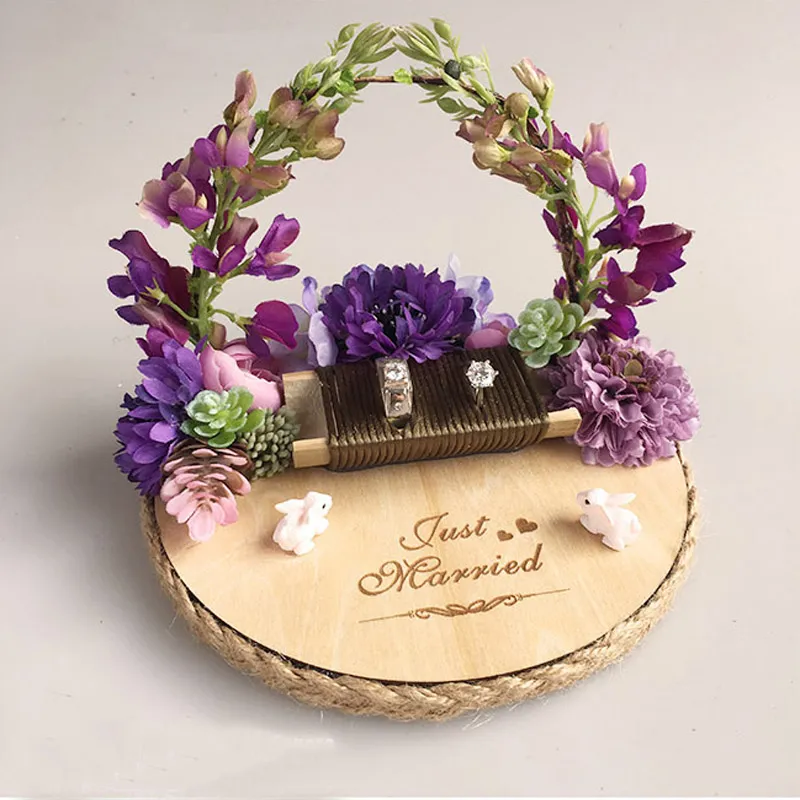 注文の手動リングのベアラの枕のアイデア藤の自然森林花のリングホルダー婚約結婚提案の結婚式の日写真小道具
