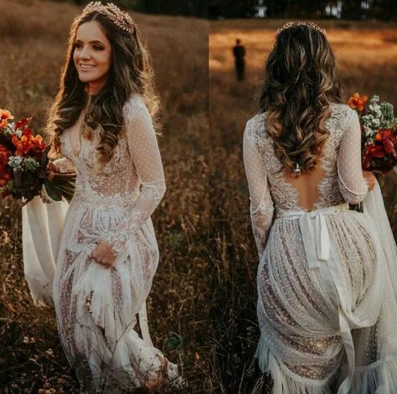 Bridal Dresses 2020 See Through A-line Backless Long Sleeve Bohemian Country Wedding Dresses Lace Tulle Beach robes de mariée