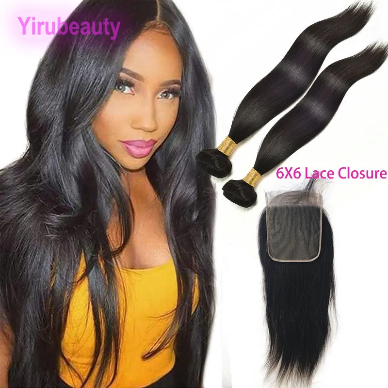 Indian Raw Virgin Human Hair Natural Color Silkesly Straight Hair Bunds with 6x6 spetsstängning Middle Three Free Part 10-28 tum