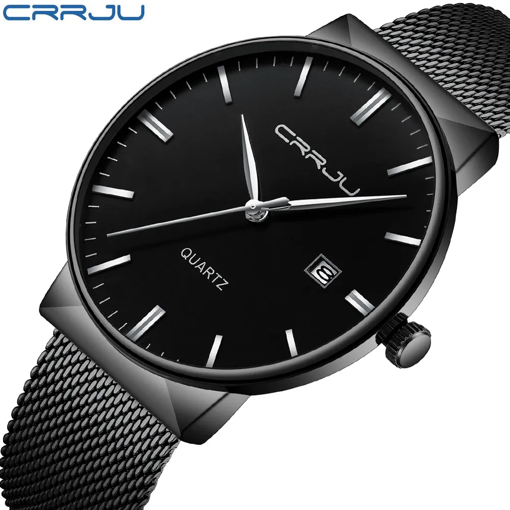 CRRJU hommes cadran bleu montres d'affaires hommes en acier inoxydable étanche mode montre à Quartz mince robe horloge mâle erkek kol saati172z