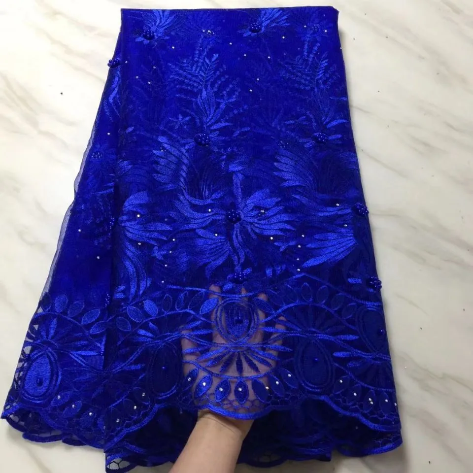 5Yller / pc Hot Sale Royal Blue French Net Lace Flower Broderi African Mesh Lace med pärlor för klänning BN114-6