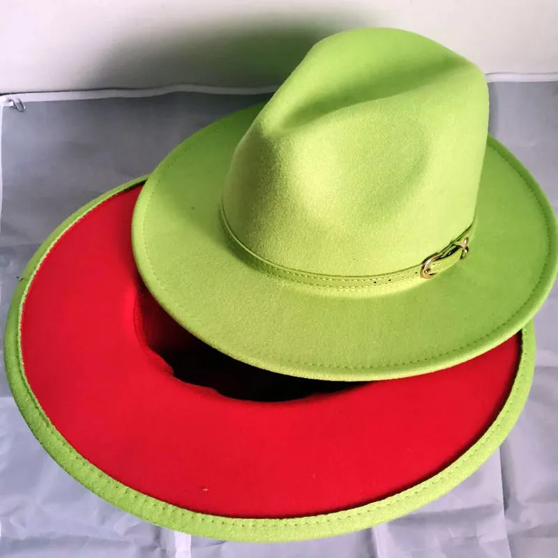 2020トレンドライムグリーンとレッドパッチワークレディースメンズワイドブリムフェルト帽子レディパナマビンテージユニセックスFedora Hat Jazz Cap L XL