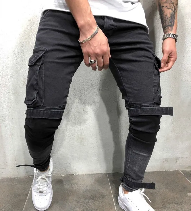 Skinny Biker Jeans Men Multi-Pocket Bandage Slanke Cargo Joggers Broek voor Mannen Motorfiets Hip Hop Streetwear Swag Denim Pants