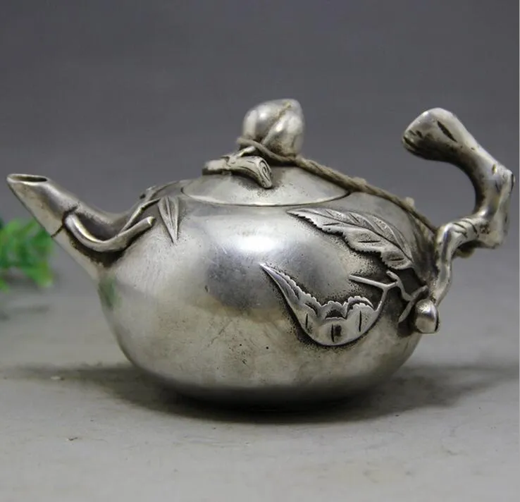 Ancient player home decoration wholesale collection vintage old bronze crafts white bronze relief spring peach teapot kettle