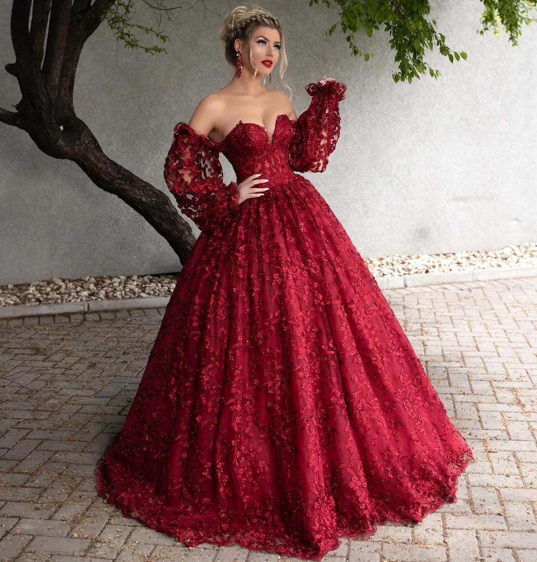 Enchanting red rose floral lace applique beaded princess wedding ball gown  dress with chapel train