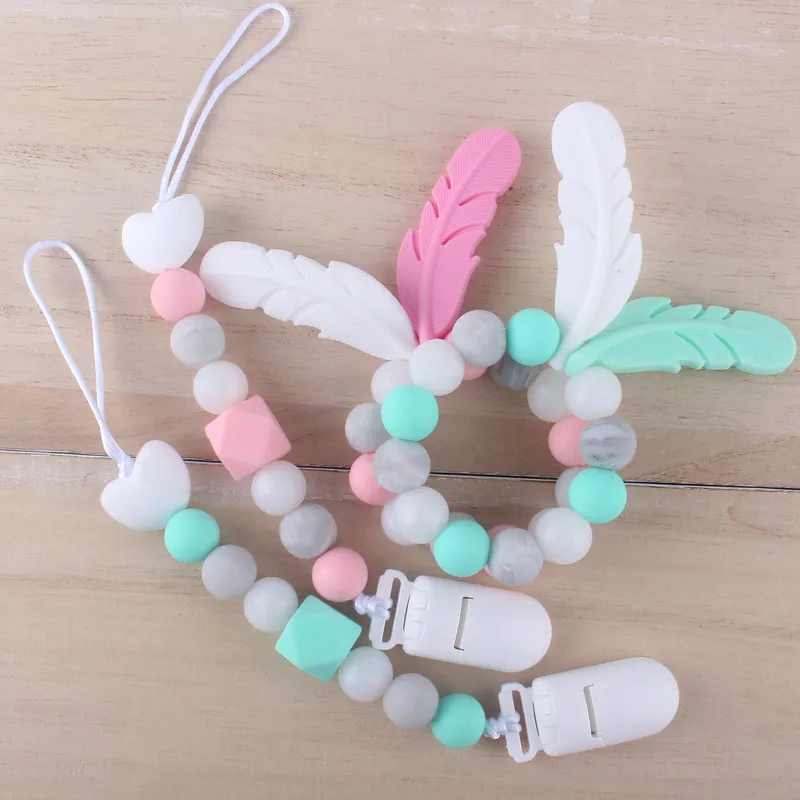 Baby Silicone Bead Pacifier Chain Clips+feather Teether Bracelets 2pcs/set Chew Beads Teething infant Nipple clip Baby Pacifier Chains M2002