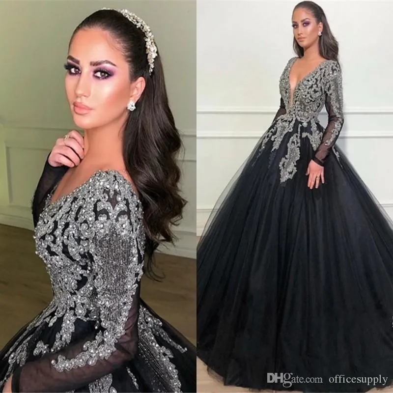 Sexy Ball Gown Evening Dresses Black V-Neck Classical Long Sleeves Appliques Beads Top Prom Quinceanera Dresses Formal Party Pagea201G