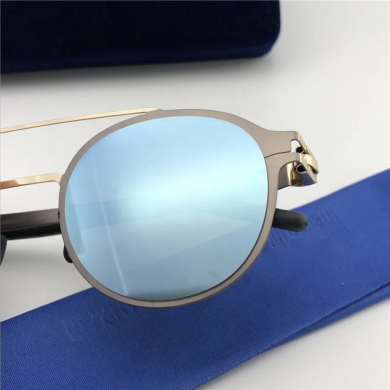 Wholesale-Sunglasses UltralightフレームネジなしMKTクロスビーラウンドフレームフラップトップメンズブランドデザイナーサングラスコーティングミラーレンズ